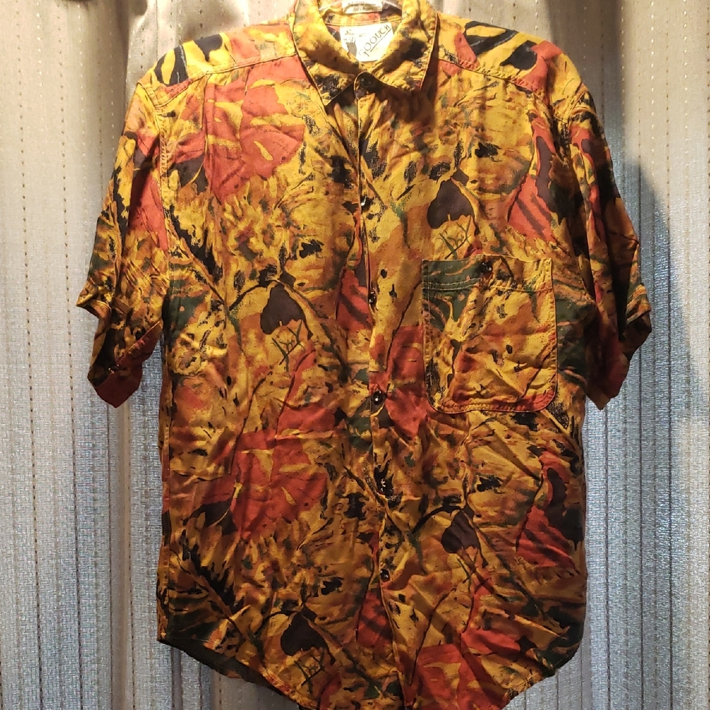 Men's Brown and Rust Casual Button Down Shirts with Tropical Patterns, Size Smal